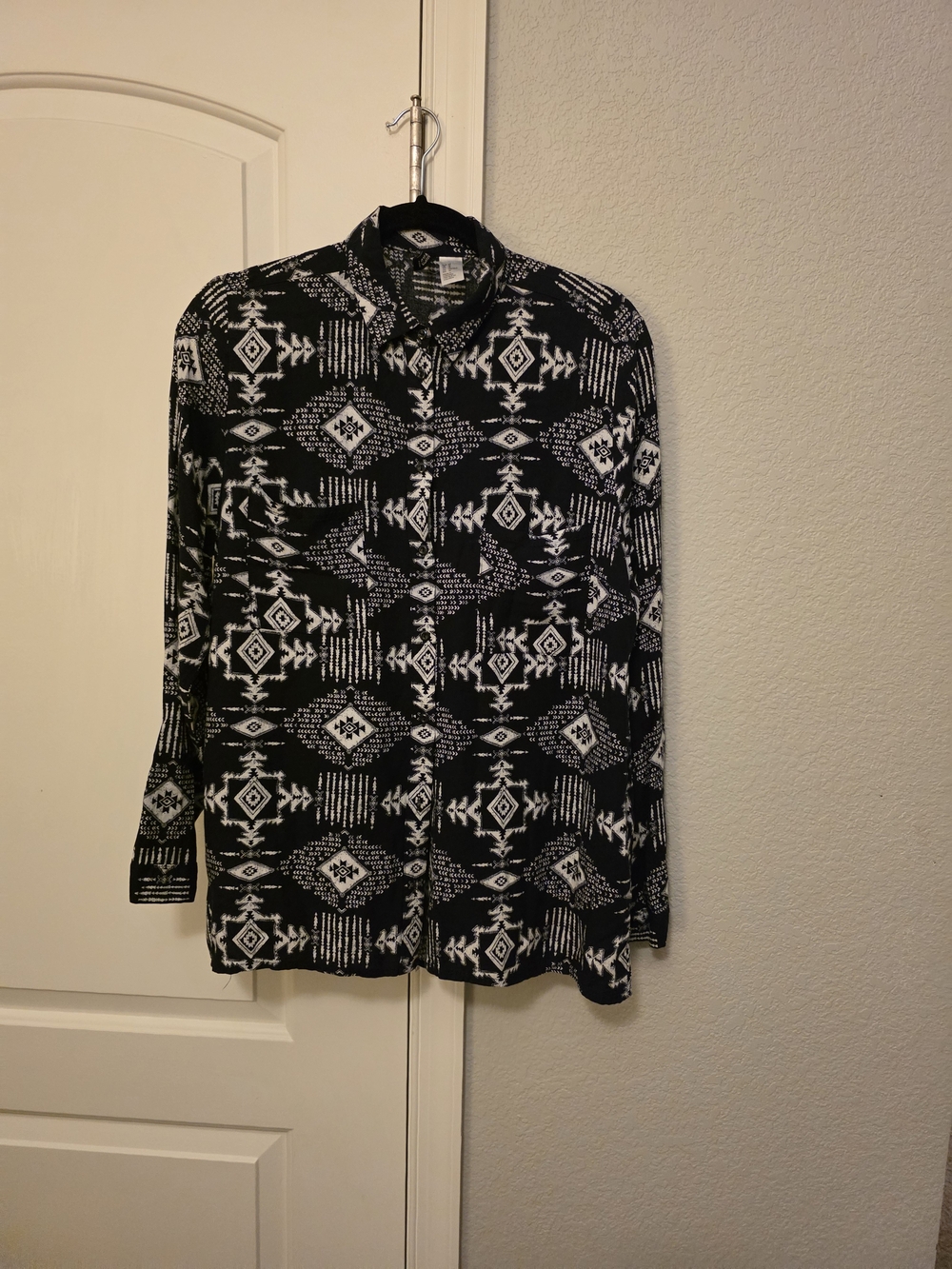 Divided Navy and White Aztec Button-Up Top
